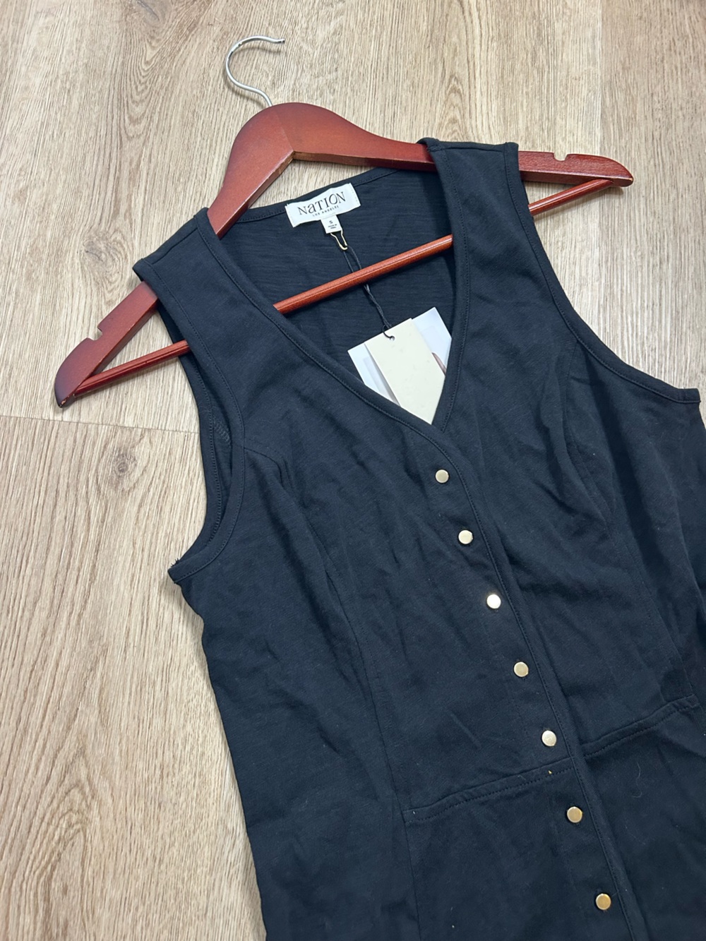 NWT Nation LA 100% Cotton Black Gold Button V - Neck Button Down Mini Dress - Picture 2 of 15